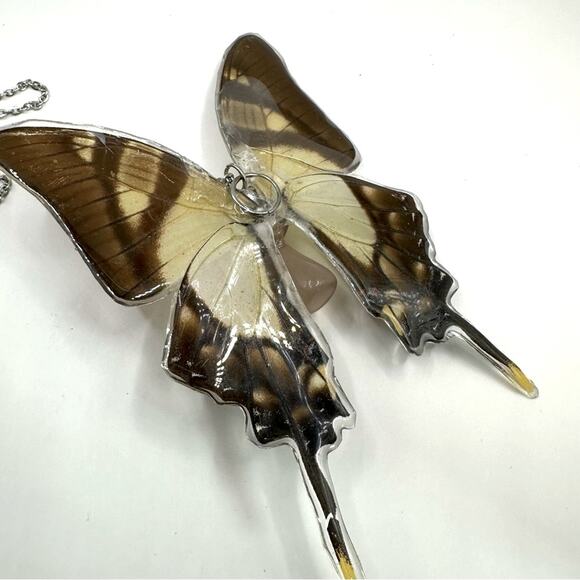 Unbranded Butterfly Large Pendant Necklace Brown Silvertone chain 70s 90s Boho - Picture 8 of 11